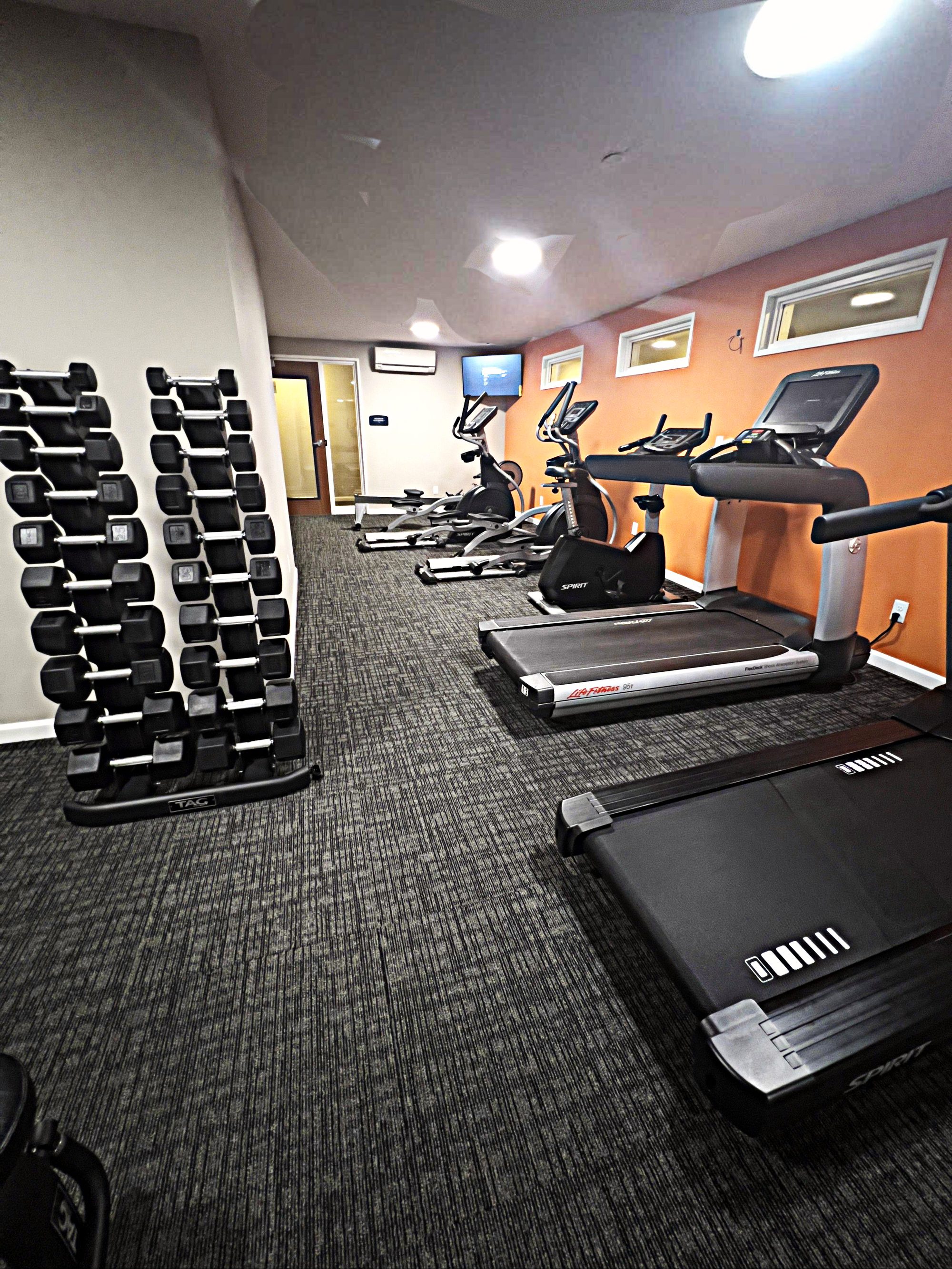 Fitness center free weights and treadmills