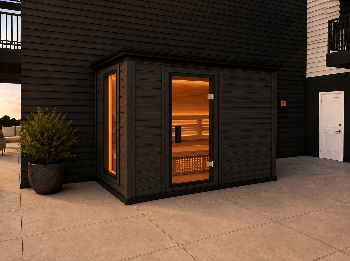 Custom cedar sauna with full-glass door on the rooftop deck