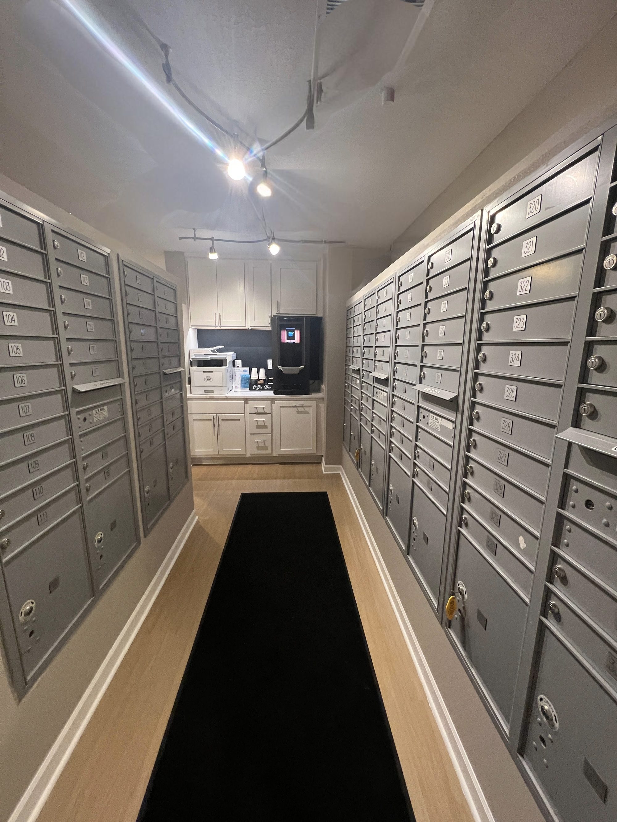 New mailroom with resident mailboxes
