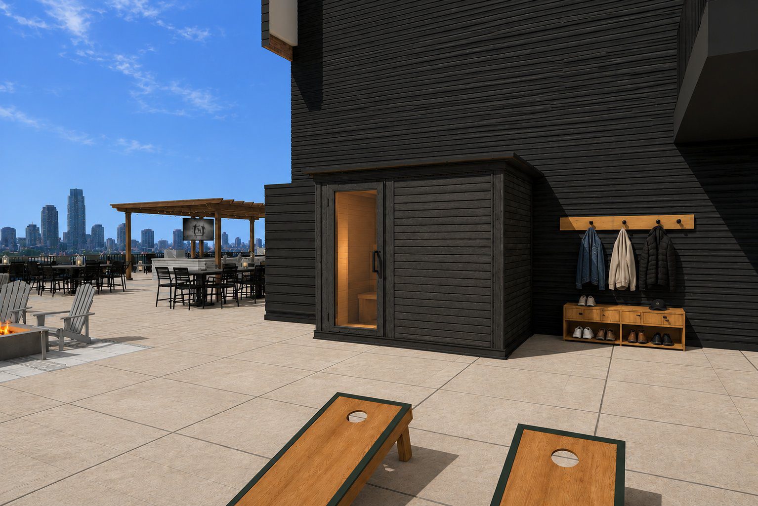 Cornhole lawn beside the cedar sauna