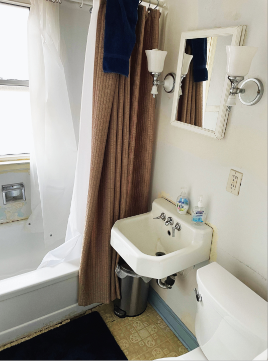 Original bathroom with wall-mount sink and brown shower curtain